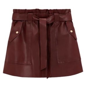 Zara Woman Faux Leather Paperbag Skirt Burgundy Red Pockets
